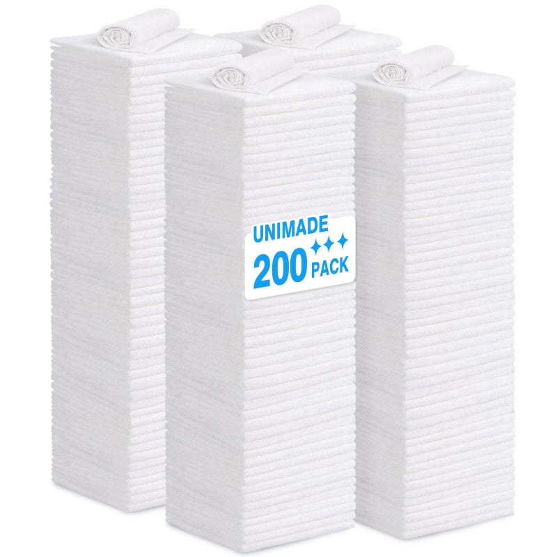 UNIMADE Shop Towel Rag 200 Pack Reusable Rags Bulk Microfiber Cleaning Cloth Lint Free Towels for Car Kitchen Automotive Bar Mechanic Restaurant Garage 115x 115 White